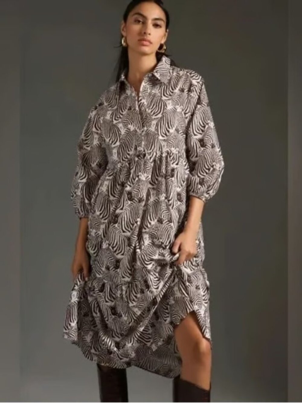 Maeve Anthropologie Bettina Tiered Shirt Dress XS Zebra Cotton Novelty Brown